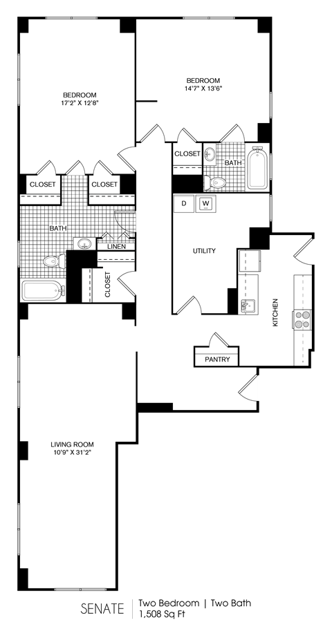 Floor plan for 2 beds, 2 baths, 1508 sqft